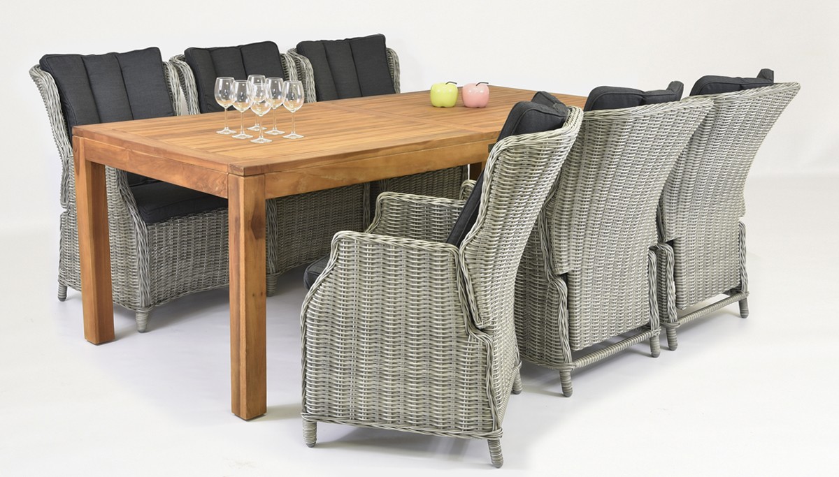 Luxusné záhradné sedenie (STÔL TEAK 220 + 6 x polohovateľné kreslo teak )