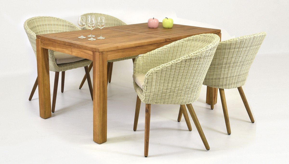 Sedenie do záhrady (Stôl teak 160x90 + 4 x moderné ratanové kreslo THEO) 