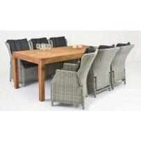 Luxusné záhradné sedenie (STÔL TEAK 220 + 6 x polohovateľné kreslo teak )